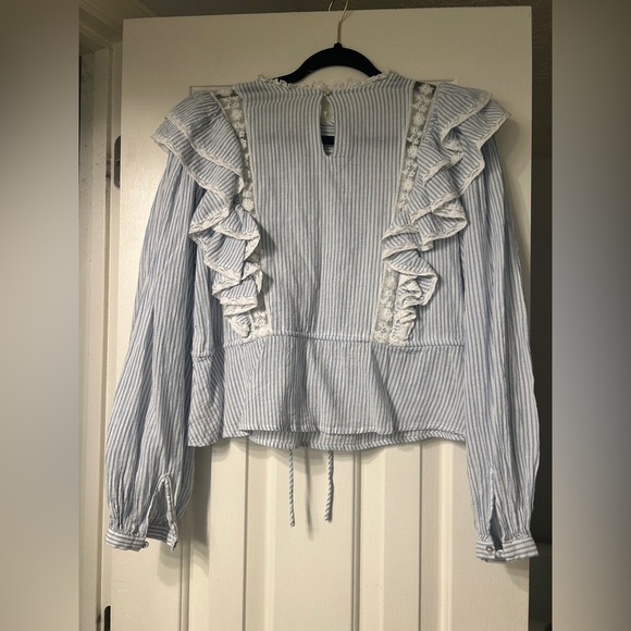 Free People Blue Pinstripe Ruffled Lace Victorian-Style Cotton Blouse XSmall - Picture 5 of 5